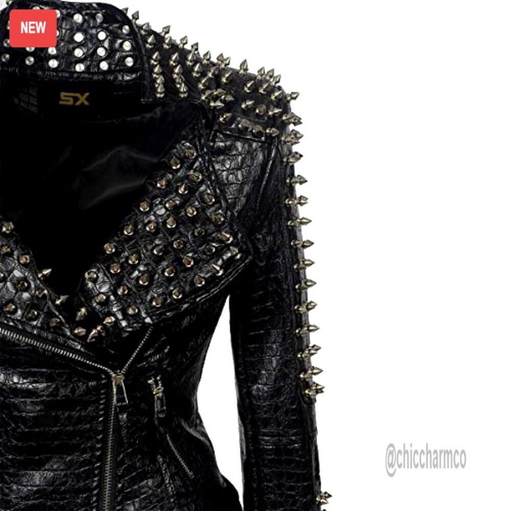 Faux Leather Motorcycle Jacket with Studded Rivets, Asymmetrical Zipper, - Picture 4 of 6